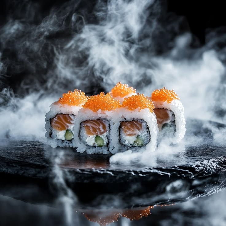 Salmon roll on slate with rolling smoke