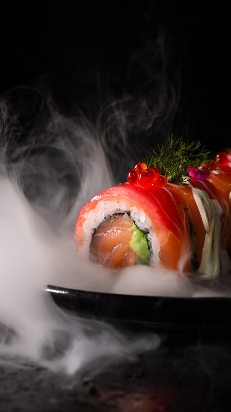 Rainbow roll with tuna, salmon and yellowtail, wreathed in smoke